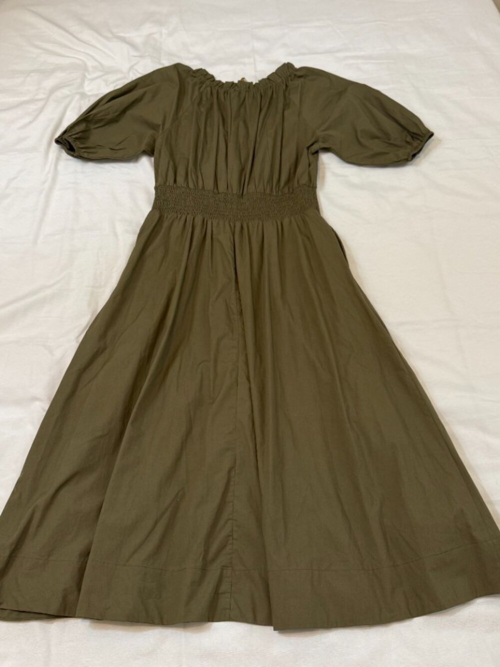 Ramy Brook Laura Dress L Olive Green Midi Puff Sleeve Smocked Waist NWT - Picture 5 of 8